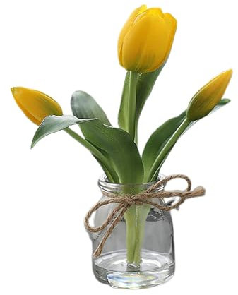 Keebgyy Mini Artificial Tulips Bouquet, Artificial Flowers in Glass Vase with Faux Water, Tulips with Vase Floral Arrangement Table Decorations for Home Kitchen Office Wedding (C)
