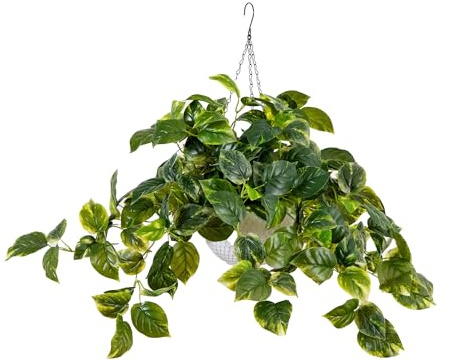 Nearly Natural 24-Inch UV Resistant Artificial Pothos Plant - Indoor/Outdoor Hanging Basket with 50 Warm White LED Lights, Battery Operated
