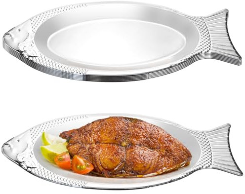 Suwimut 6 Pack Fish Serving Platter, 35×12 cm/13.8×4.9 Inch Stainless Steel Fishes Dish Fish Shaped Plate, Large Sizzling Platter Metal Food Serving Tray for Fishes Meat Appetizers Dessert Sushi