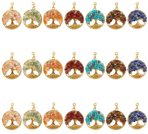 HOBBIESAY 21 ciondoli a forma di albero della vita, in 7 colori, con pietre preziose e albero di Lifr, in lega naturale, piatte, rotonde, miste, per portachiavi, gioielli, regalo, decorazione, foro: