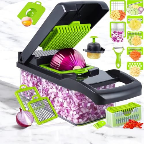 Tagliaverdure multifunzione 16 in 1, grattugia, julienne, tritare e tagliare, strumento da cucina versatile per frutta, verdura, patate, veloce e facile da pulire, compatto e salvaspazio