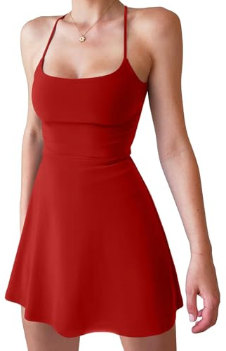 ThreeH Abito da donna per allenamento con pantaloncini integrati, senza maniche, spalline regolabili, abito estivo, Colore: rosso, L