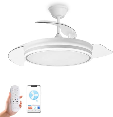 YOEVU EOS PLUS - Ventilador de Techo Inteligente WiFi con Luz LED Regulable | Compatible con Alexa y App | 6 Velocidades Silenciosas | Aspas Retráctiles | ABS