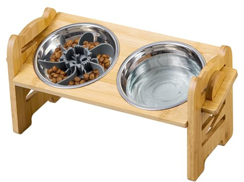 DOKKOME hundskål höjdjusterbar foderskål Förhöjd hundbars för hundar med bambu stånd för små hundar och katter matningsstation, antiskid, rostfria skålar, ledvänlig (Bambu)