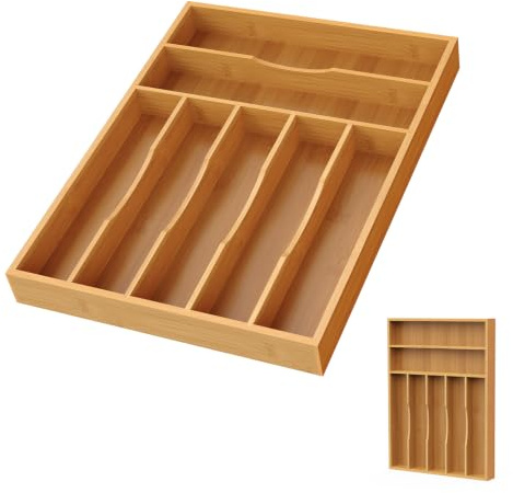 Bayting Bamboo Silverware Organizer, 12 Inch Bamboo Kitchen Drawer Cutlery Organizer, Utensil Holder, Flatware Organizer Tray (15.8x11.9x1.6)