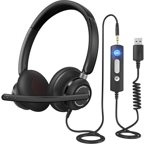 JabNecter Wired Headphones with Microphone for PC, On-Ear Computer Laptop USB Headset with Noise Cancelling Microphone in-line Control for Home Office Online Class Skype Zoom, (3.5mm + USB)