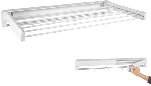 TkkMivcOC Wäscheständer zur Wandmontage, Ausziehbar Wäscheständer mit 4 Haken, Platzsparendes, Klappbar Wandwäschetrockner für Badezimmer Waschräume Schwimmbäder Balkone, 7 Stangen, Weiß