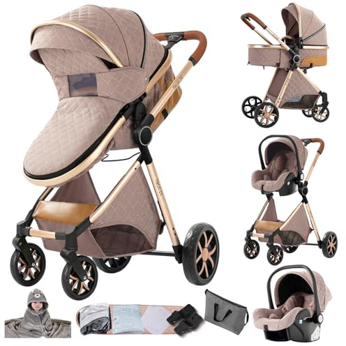 MoLi Kinderwagen 3 in 1, Kinderwagen Set Umkehrbarem Doppelschiebemodus, Kombikinderwagen 3 in 1 Großer Bequemer Babywanne, Buggy Rahmen Aluminiumlegierung Faltbar Hohe Landschaft (YV9 Khaki)