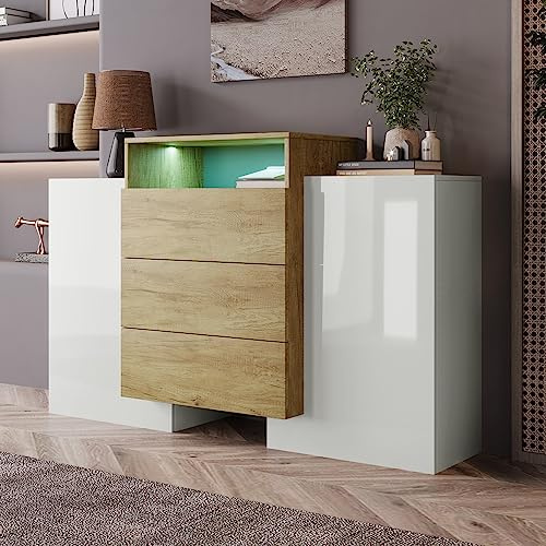 Moimhear Sideboard, Kommode, 140x30x77.5cm, Hochglanz-Weiß und Holzfarbe, LED-Lichteffekte, Teilweise glänzende Oberfläche