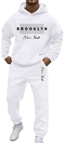 Mens Casual Sets 2 Piece Outfits Athletic Full Zip Tracksuits Sports Casual Sweat Suit Slim Fit Warm Up Two-Piece Set Jogger Jacket Winter Tracksuit Mens Full Set Holiday Clothes (White, M)