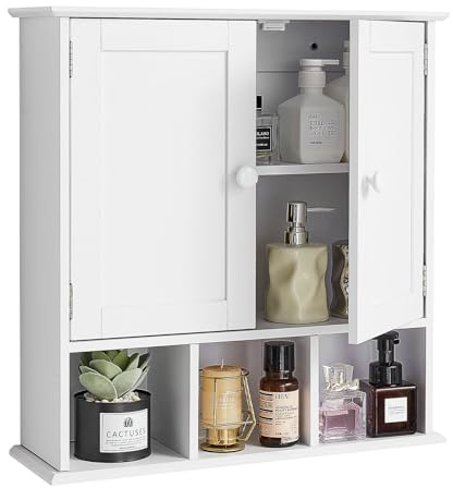 VEVOR Armario de Pared para Baño, con 2 Puertas y Estantes Ajustables, Fabricado con Aglomerado y MDF, Armario Colgante con 3 Compartimentos Abiertos para Cocina e Inodoro, 560 x 180 x 585 mm