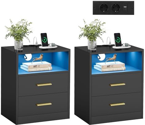 VASAGLE Custos Collection - Set med 2, sängbord med grenuttag, LED, sidobord med lådor, öppet fack, 2 AC-uttag, USB-portar, bläcksvart LET829BC01