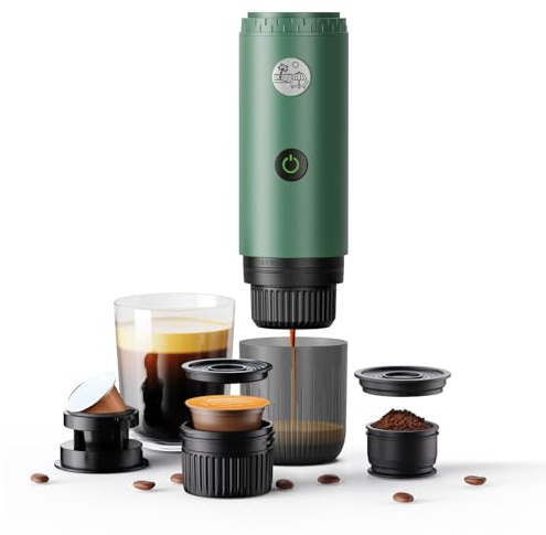 RECAFIMIL Portable Coffee Machine 3-in-1, Portable 19-bar Espresso Machine 12V with Self-heating Compatible with NS and DG Capsules and Ground Coffee for Camping, Travel and Home (green)