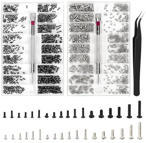 AUNHOKE Micro Tornillos, 1000 Pcs Kit de Reparación Micro Tornillos Gafas | M1.2 M1.4 M2 Kit de Surtido de Tornillo Pequeños con Destornillador y Pinzas, para Reparar Gafas, Relojes (L＋N)