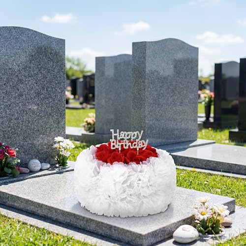BrightRow Memorial Birthday Grave Decorations 8.27x 5.12 Inches Cemetery Fake Cake with Insert and Sticks Happy Heavenly Birthday Decorations for Headstones Memorial Gift(Red)
