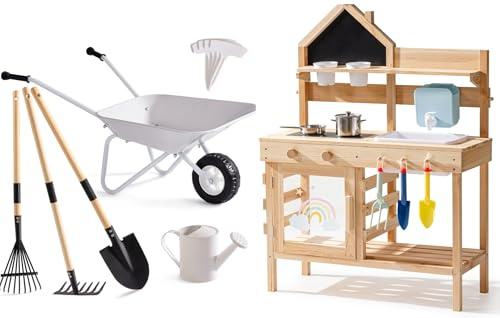 ROBOTIME Outdoor Mud Kitchen for Kids, Kids Wheelbarrow with Gardening Set – Metal Wheelbarrow Toddler Outdoor Play Toy with Garden Tools
