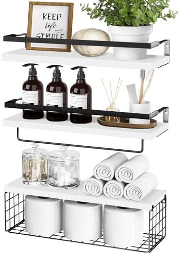 sharllen Wandregal Holz mit Drahtkorb Handtuchhalter 3er Set Schweberegale | Schwimmendes Regal Wand Gewürzregal 40cm Hängeregal für Badezimmer Wohnzimmer Schlafzimmer Küche Arbeitszimmer