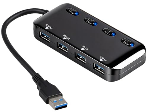 Hub USB 3.0 de 4 Puertos con Interruptores Individuales y LED, Multipuerto USB Ultra Delgado 5Gbps, Hub USB Alimentado para PC y Portátil, Puertos USB Múltiples con USB Doble Entrada