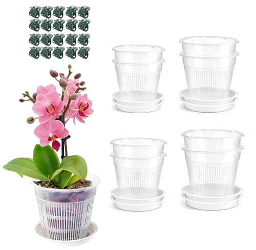 Bettsolt Clear Orchid Pot, 8 PCS Clear Plastic Plant Pots with Drainage Holes and Saucers House Plant Pots for Orchid Succulents Outdoor Indoor Plants(11cm/14cm/16cm/19cm)