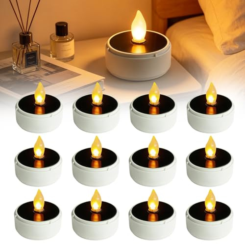 Behogan 12 velas solares de té para exteriores: velas LED solares, impermeables, parpadeantes, velas solares resistentes al agua, velas solares sin llama, para decoración de jardín y terraza, color