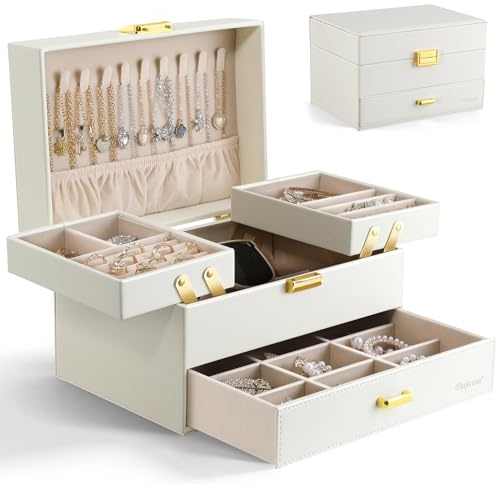 Dajasan Smyckeslåda, smyckesförvaring, 3 nivåer smyckeskrin i PU-läder med 1 låda, stor smyckeslåda för sminkbord, modern, present till kvinnor och flickor (vit)