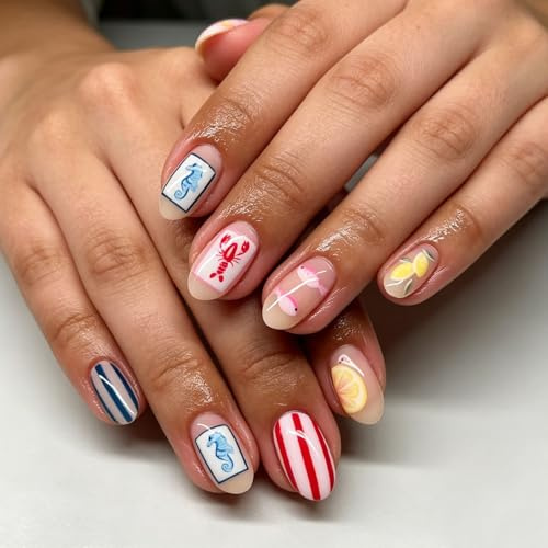 Floruvia 24 Pièces Ongles Courts Ovales Artificiels d'Été, Ongles de Plage avec Citron, Fleurs et Design de Poisson, Réutilisables et Faciles à Appliquer