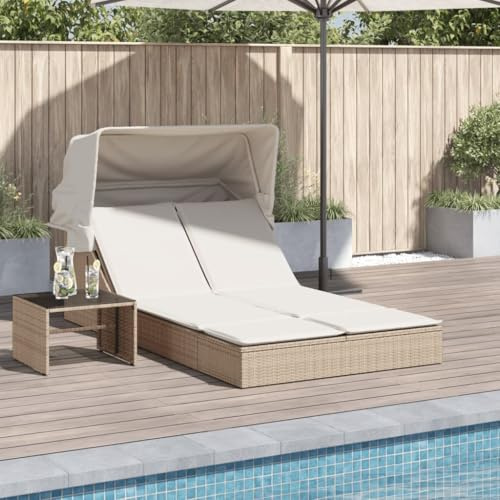 IKAYAA Doppel Sonnenliege mit Faltdach Dach & Rückenlehne Verstellbar, Doppelliege Outdoor, Sonnenliege 2 Personen,Sonnenbett, Gartenbett Outdoor Bett