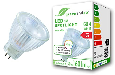 greenandco MR11 GU4 | sostituisce 30W | bianco caldo 3000K | IRC 90+ | 3W 160 lm | 38° | senza sfarfallio | 12V AC/DC | non dimmerabile