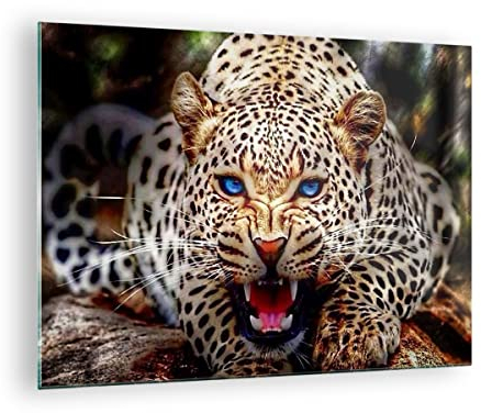 Moderne Impression sur Verre panthère animal Image Tableau en Verre Decoration Murale 70x50cm Deco Cadre Salon Chambre Cuisine Horizontal Petit Tableaux Decoratifs Muraux Art Wall Decor GAA70x50-3506