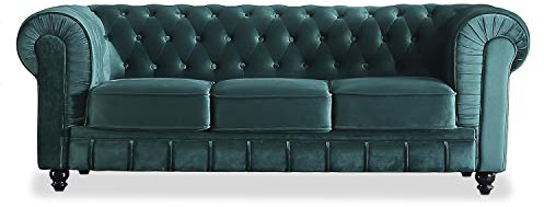 Adec Group Chesterfield, Sofa de Tres Plazas, Sillon Descanso, 3 Personas, Acabado en Tejido Velvet Verde y Capitone, Medidas: 211 cm (Largo) x 84 cm (Fondo) x 75 cm (Alto)