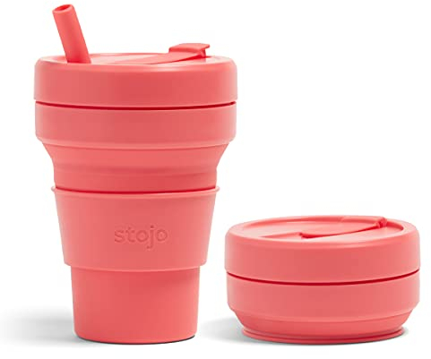 STOJO Titan, tazza pieghevole da viaggio con cannuccia, in corallo, 680,4 ml, riutilizzabile, tascabile, in silicone, per bevande calde e fredde, campeggio ed escursionismo, adatta al microonde e alla lavastoviglie