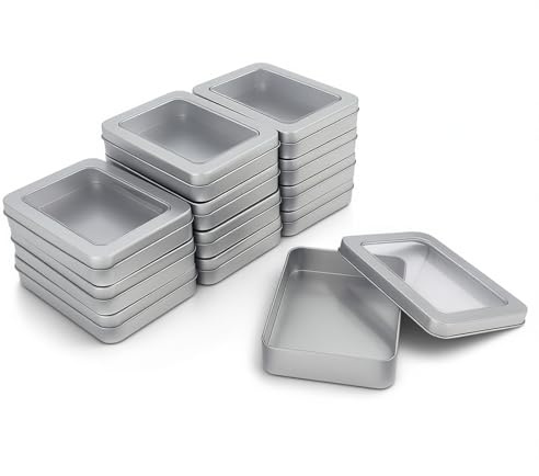 Goodma 12 Pieces Rectangular Empty Metal Tins Home Storage Containers Organizer Mini Box with Clear Window Lid, 115 x 85 x 22 mm (Silver)