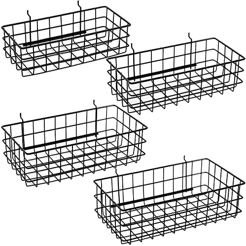 ZENFUN 4 Pack Perforated Plate Baskets, 4 Hanging Wall Basket Baskets, Metal Wire Shelf Baskets for Organising Various Tools, Workbench, Accessories, Garage Storage, Wall Mount