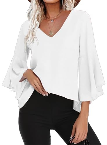 Gyabnw Casual Sommar Chiffong Blus för dam 3/4 ärm elegant volanger, V-hals, lättviktig, chic blus, Vitt och blått, S