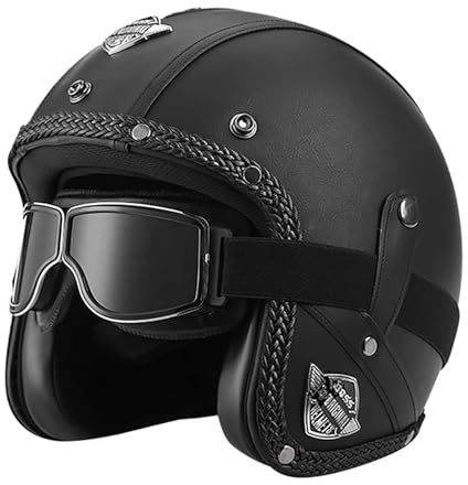 EBAYIN Motorradhelm, Halbhelm Retro Harley Lederhelm Mofa-Helm Motorradhelm 3/4-Helm Jethelm Vintage-Pilotenhelm ECE Zertifiziert Cruiser Chopper Roller mit Schutzbrille,C-M=(57~58cm)