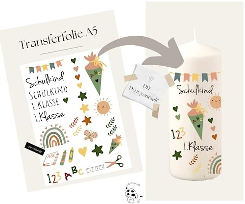 DIN A5 Kerzenfolie/Kerzentattoo zur Einschulung zum Schulstart Schulbeginn für Junge und Mädchen | zum selber machen - Kerzensticker DIY (4004 - gelb/orange/grün)