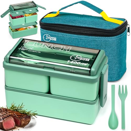 Shopping Dose Bento Box, 1400ml Stackable 2 Layer Leak Proof Bento Lunch Box with Insulated Bag & Cutlery, 3 Removable Compartment Lunch Box Adults, Kids & Office, Microwavable Lunchbox (Green)