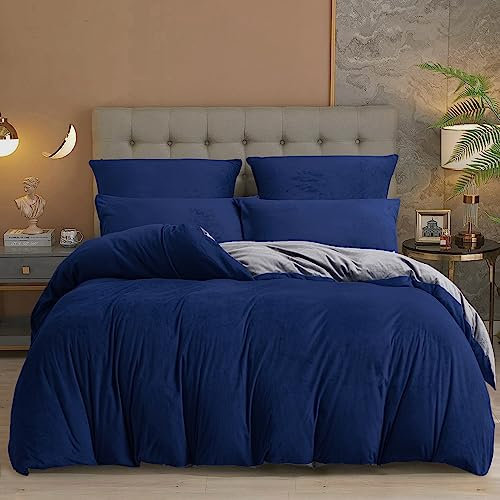 Damier Juego de ropa de cama 220 x 240 cm, color azul oscuro y gris, liso, reversible, tacto de cachemira, 3 piezas con cremallera, 2 fundas de almohada 80 x 80 cm