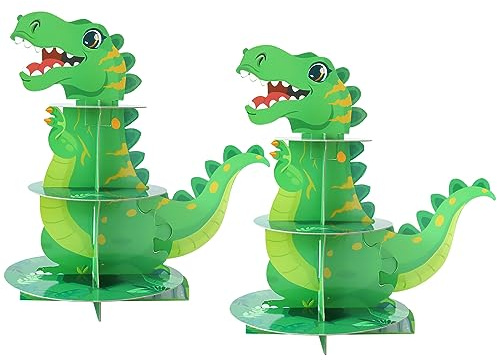 Soleebee Supporto per Torte in Cartone, 3 Ripiani, per Cupcake e Muffin - Accessorio per Feste, Matrimoni, Compleanni - Porta Panini (Dinosauri, 2 Pezzi)