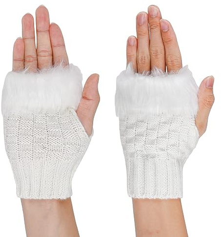 Damen Fingerlose Handschuhe mit Kunstpelz Winter Warm Armstulpen Fingerlos Fäustlinge Kurzer Gestrickte Handgelenk Handschuhe Wärmer Frauen Halbfinger Handschuhe für Hochzeits Geburtstag (Weiß)