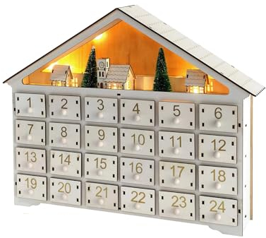 Rebecca Mobili Holz-Adventskalender, mit 24 Schubladen, Holz, Weiß, Dekoration mit Lichtern, mit Weihnachtsdorf - Abmessungen HxBxT: 33,5 x 41,5 x 8,5 cm - Art. RE6889