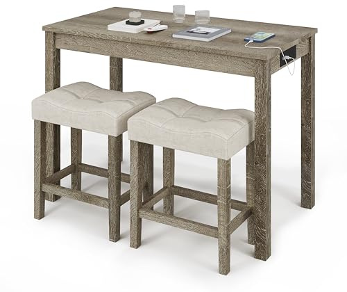 allamazing 3-Piece Counter Height Bar Table Set with Socket and 2 Fabric Padded Bar Stools, Tall Kitchen Breakfast Dining Table Set with Stools (1+2 Natural)