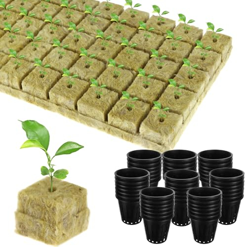 RUIYELE 50 Set Rockwool Grow Cubes with Net Pots, Including 50 Packs lastic Net Pots, 50 Packs Rock Wool Planting Cubes for Hydroponics Garden Tower Supplies, Soilless Planting Seedling Greenhouse