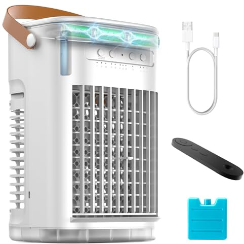 Portable Air Conditioners w/Remote, Mini Air Conditioner, 5400mAh Built-in Battery, 1.2L Water Tank & Ice Box, Auto-off Timer, Evaporative Air Cooler With 3Speeds, Desktop Fan For HomeOutdoors