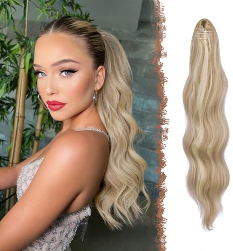 FESHFEN Pferdeschwanz Extensions Klammer, 50 cm Lang Gewellt Clip Zopf Haarteil Dreckiges Blond Synthetik Ponytail Hair Extensions Haarverlängerung für Frauen