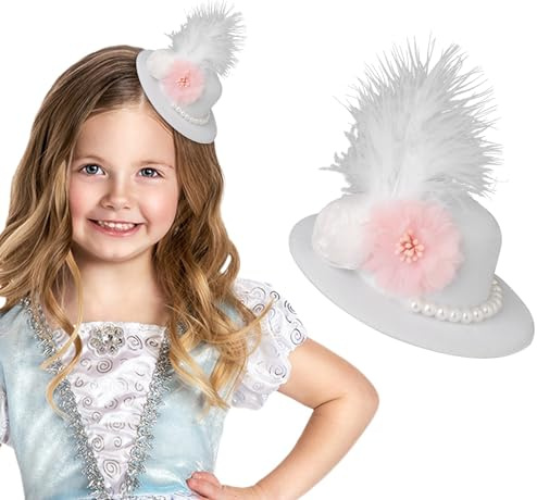 Bohend Blume Perle Mini Zylinderhut Feder Niedlich Weiß Fascinator Hut Tea Party Hochzeit Geburtstag Haarschmuck für Mädchen (Polyester, Weiß)