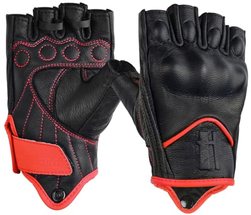 Harssidanzar Damen Fingerlose Motorradhandschuhe,Harter Knuckle Schutz Reiten Motorradfahrer Racing Motorradhandschuh KL022EU,Schwarz Rot,Größe XL