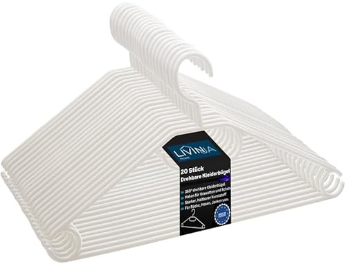 Livinja Kleiderbügel weiß 20 Stück mit drehbaren Haken, Kleiderbügel Kunststoff, Kleiderbügel Plastik weiß, Made in EU, Kleiderbügel Haken platzsparend, 100% Recyclingmaterial