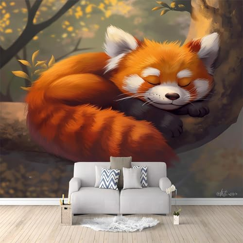 Fototapete 3D Panorama Wandbild Malerei Tiere Roter Panda 200x140 cm Art Fototapete Wandtapete Wohnzimmer Kinderzimmer Wanddeko Vlies Tapeten Poster TV Hintergrund Wandbilder