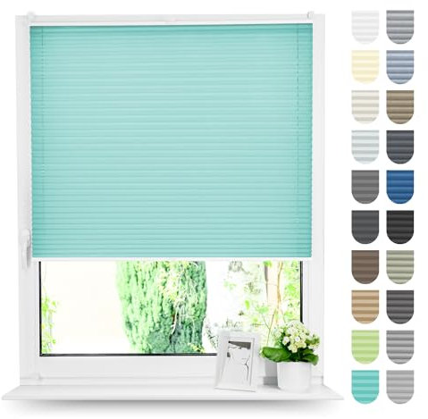 Tom'Shop Plissee Klemmfix ohne Bohren Sonnenschutz Plisseerollo Jalousie Lichtdurchlässig und Blickdicht für Fenster & Tür (NELA Türkis B30cm x H80cm)